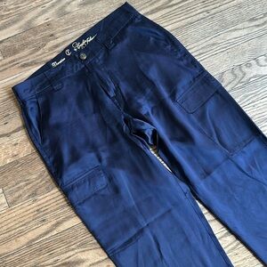 CJ Cookie Johnson “Devotion” Navy Blue 100% Silk Relaxed Fit Cargo Pants 26 EUC
